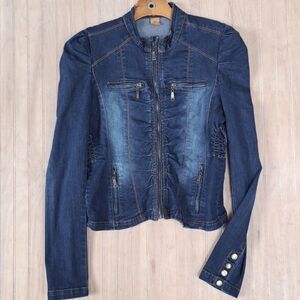 JouJou Dark Wash Denim Jacket Medium Cropped Zip Front Pockets Ruched Waist